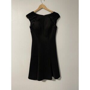 JS Boutique Black Cocktail Fit and Flare Sequined Beaded Lace Shoulders Back 4